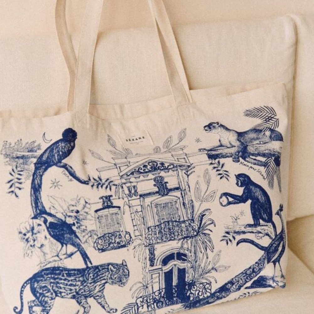 Sézane Tropical Jungle Monkey Tote Bag in Blue/Cream Beige